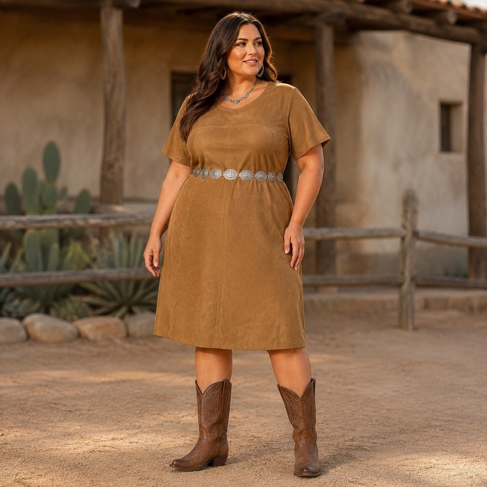 Calstyle Womens XL Faux Suede Short Sleeve Shift Dress Camel Brown Seam Detail